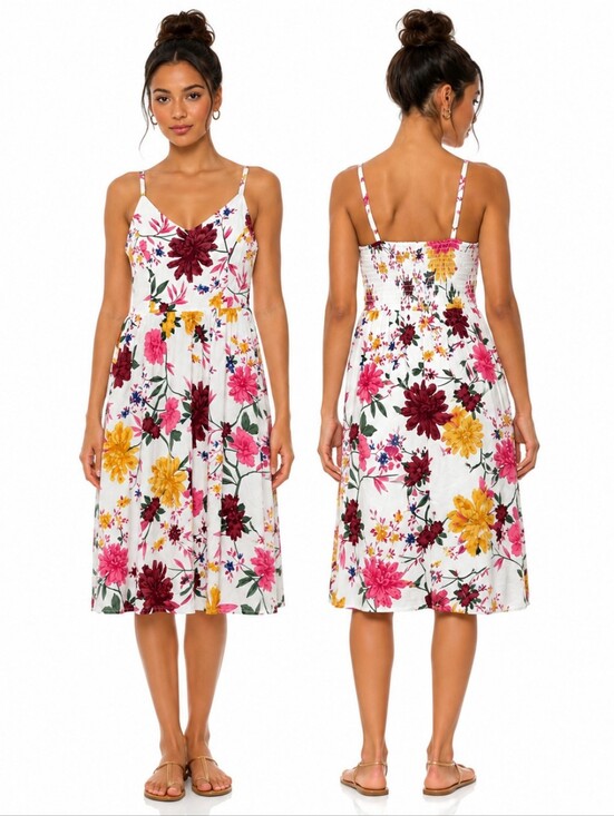 Old Navy Dresses & Skirts - NEW Old Navy Floral Cami Midi Dress White Pink Yellow Smocked Stretch Back